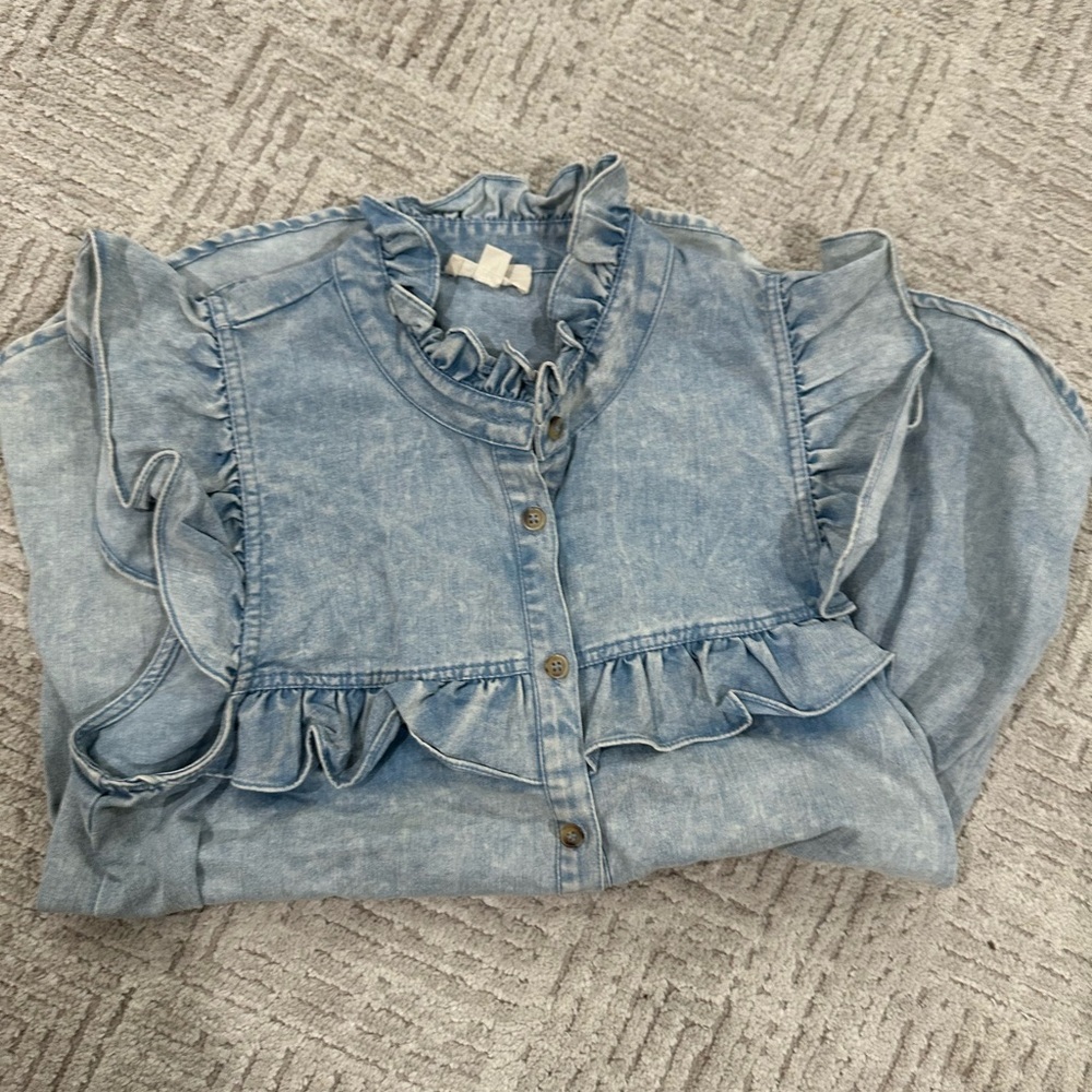 Entro Denim Blue Ruffle Button-Down Dress Fits like a 6 - Picture 12 of 13